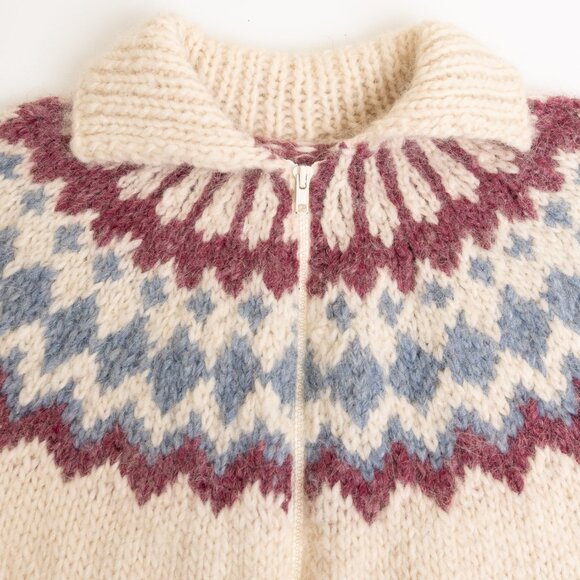 Vintage Fair Isle Sweater Wool Handknitted Nordic Full Zip Cream Blue Purple - Picture 3 of 13